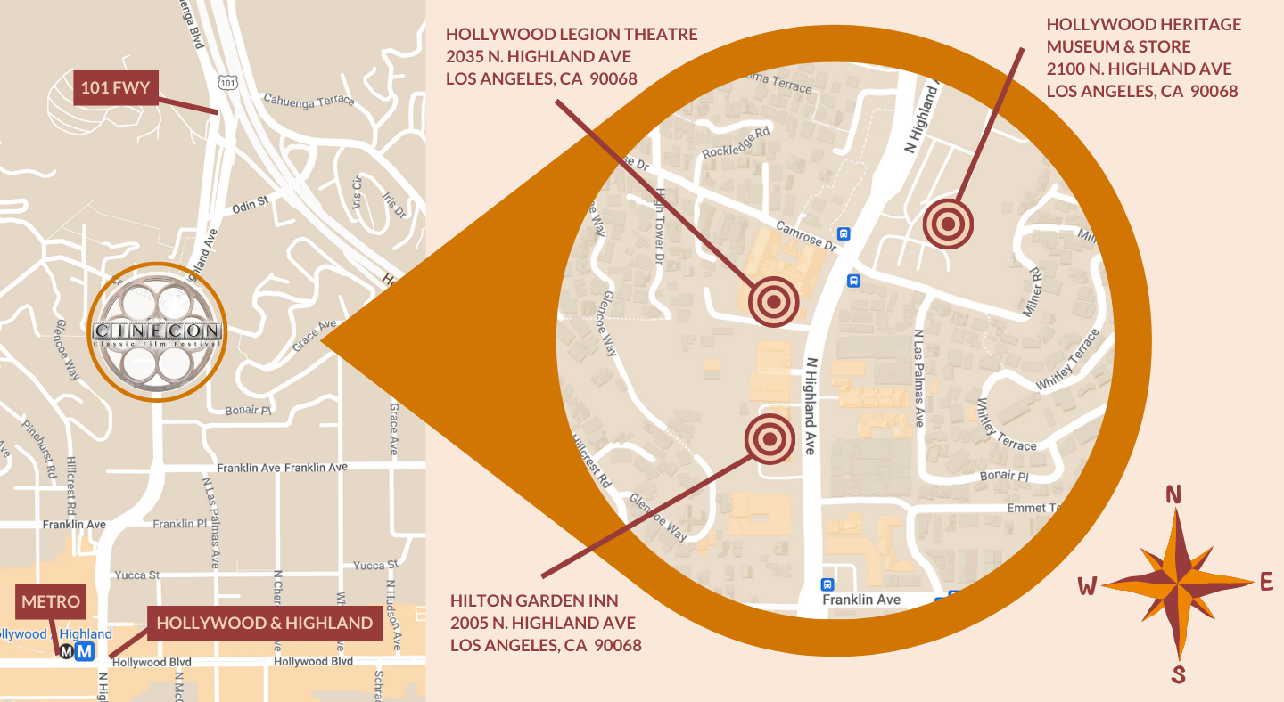 A map locating Cinecon venue, hotel and Hollywood Heritage