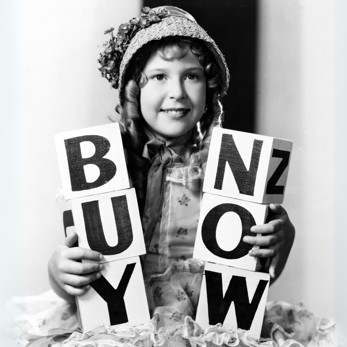 Cinecon61_WebsiteGraphics Girl in bonnet from the 30s holding blocks that say Buy Now